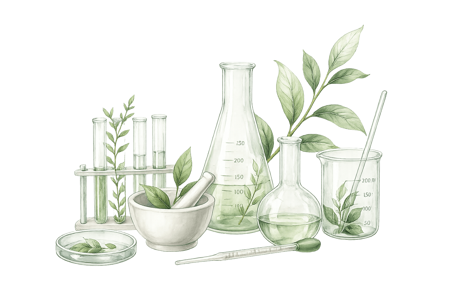 Laboratory glassware with green botanical elements — nature and science together